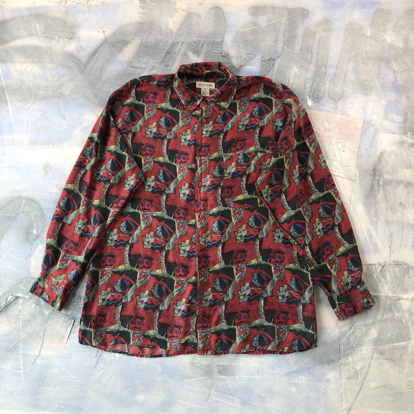 Bogari Abstract Silk Button Long Sleeve Shirt L